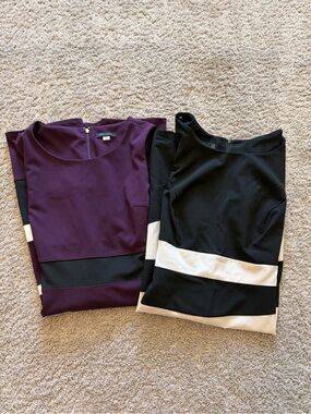 Colorblock Shift Dresses - Plum & Black with White Detail